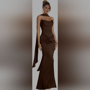 Elegant Satin Brown Strapless Dress with Neck Scarf